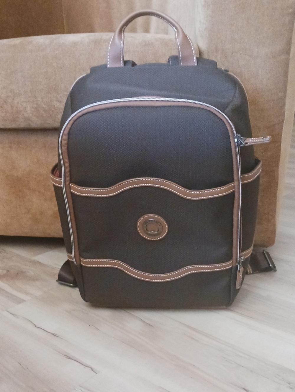 Delsey Paris Brown Travel Backpack with Contrast Trim